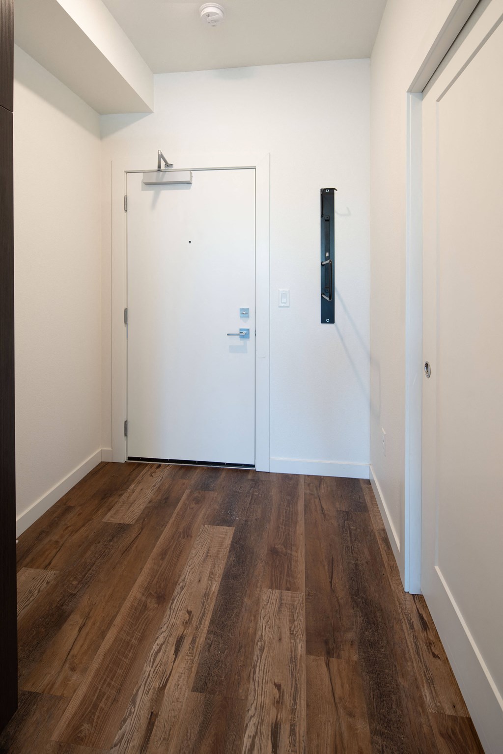 a living room with white walls and wood floors and a door