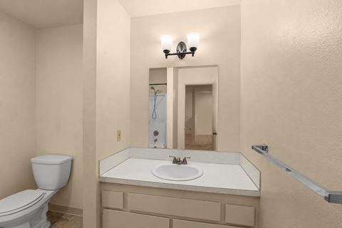 A bathroom with a toilet, sink, mirror, and light fixture.