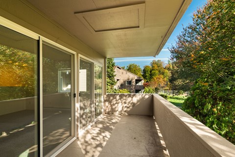 A long hallway with glass doors and a concrete floor.