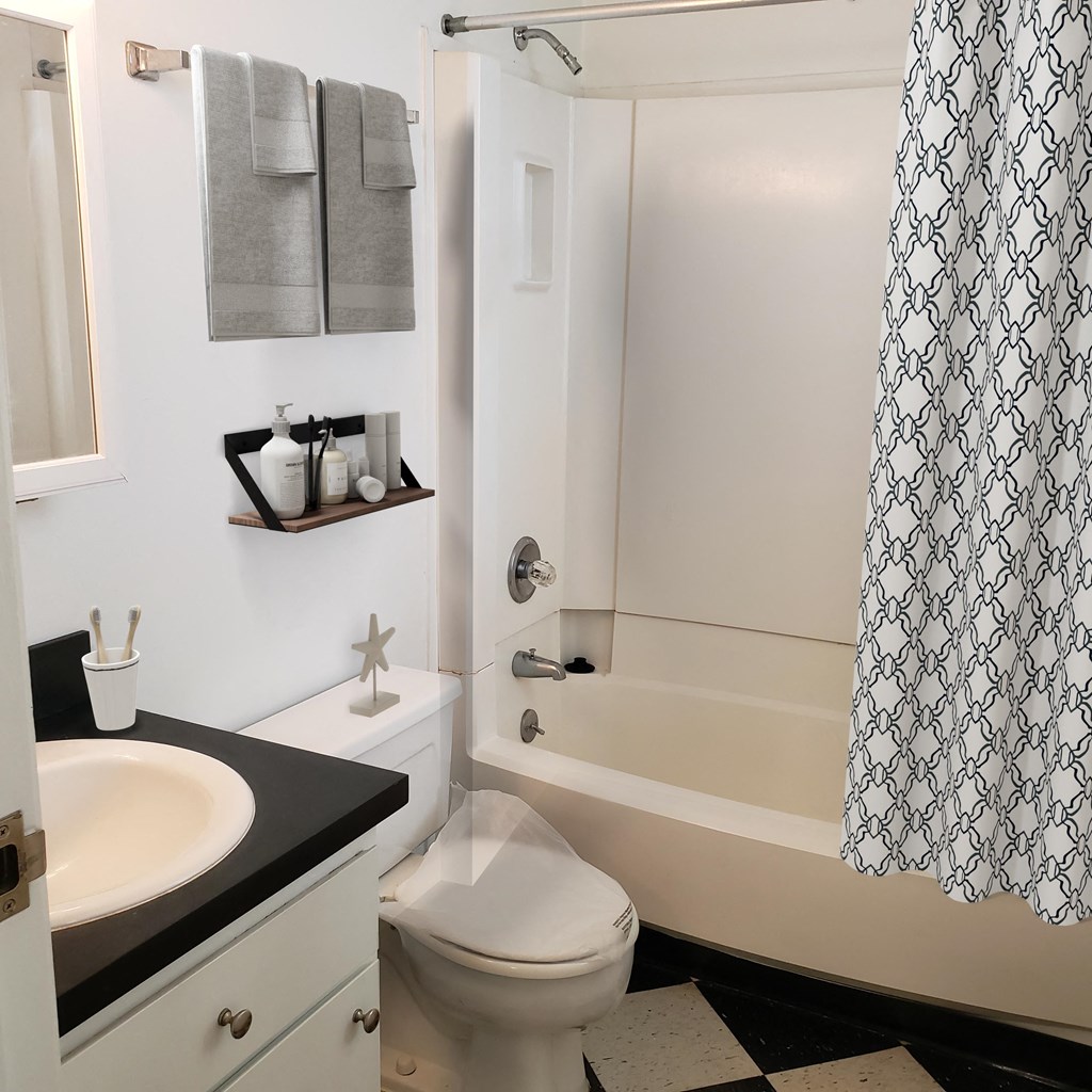 a bathroom with a sink toilet and tub and a shower curtain