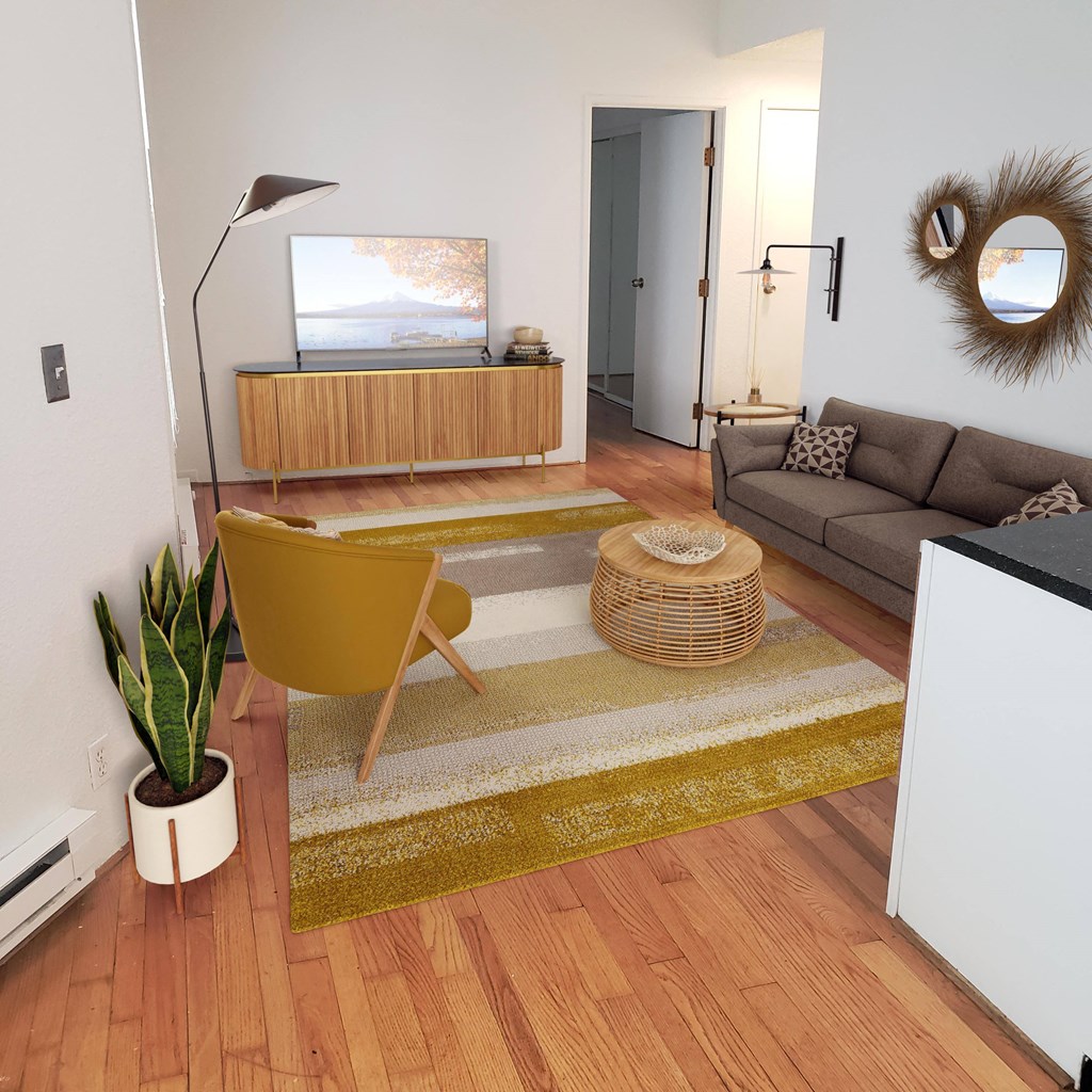 a living room with a couch and a chair and a rug