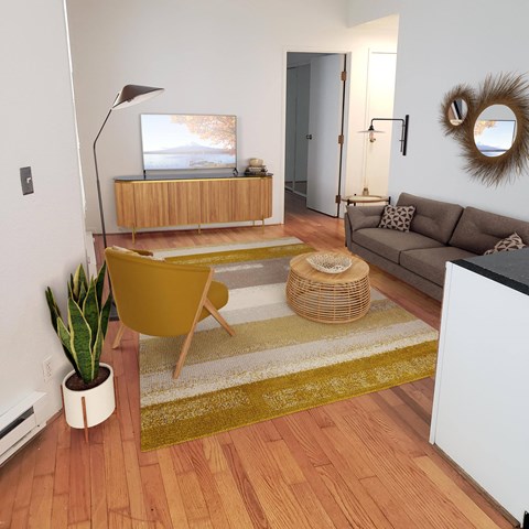 a living room with a couch and a rug
