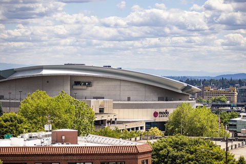 the dome of the tac tac stadium in the city at Analog PDX Apartments, Oregon