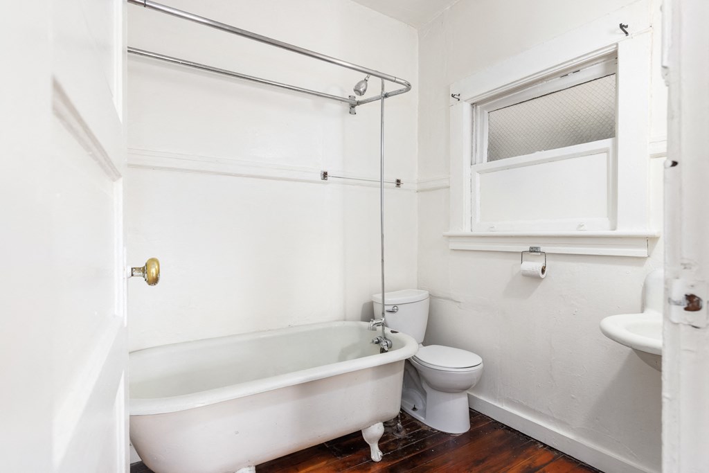 a bathroom with a toilet and a bathtub