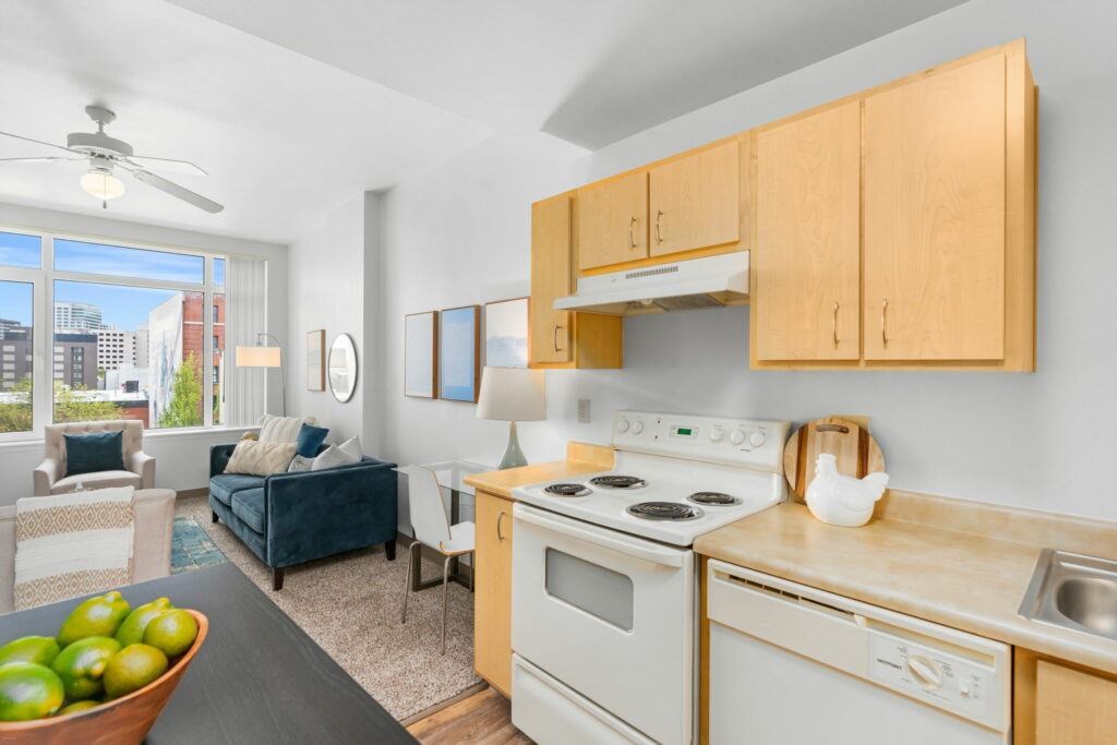 White Kitchen Appliances at Pacific Tower Apartments, Oregon