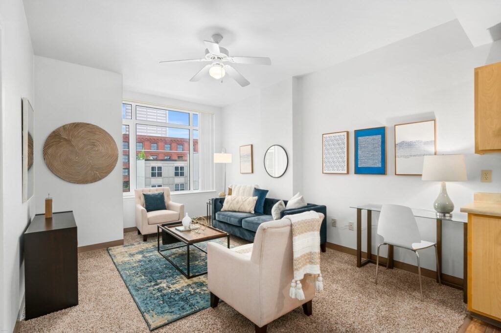 Spacious Living Room at Pacific Tower Apartments, Portland, Oregon