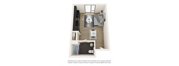 a stylized floor plan with a bedroom and a living room