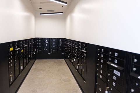 a bunch of lockers in a room at Analog PDX Apartments, Oregon