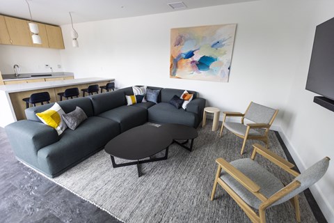 A grey couch with a yellow pillow is in the middle of a grey rug in a living room.