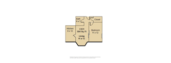 A floor plan of a living space showing a kitchen, living room, bedroom and bathroom.