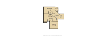 A floor plan of a room showing a bedroom, living room, kitchen, and bathroom.