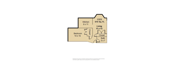 A floor plan of a property with a kitchen, living room, bedroom, bathroom and closet.