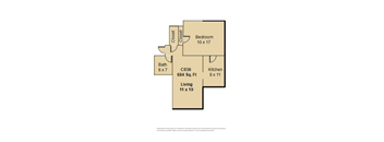 A floor plan of a living space showing a bedroom, kitchen, and bathroom.