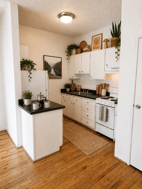 A kitchen with white cabinets and a black countertop.