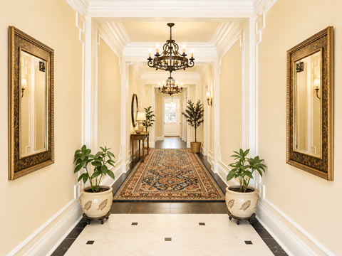 A long hallway with a rug and potted plants on either side.