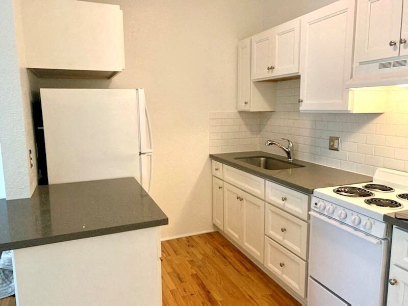 a kitchen with a stove and a sink and a refrigerator