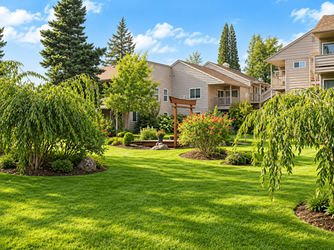 A well-maintained lawn in front of a house with a bench.