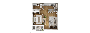 A top-down view of a small apartment layout with a kitchen, living room, and bathroom.