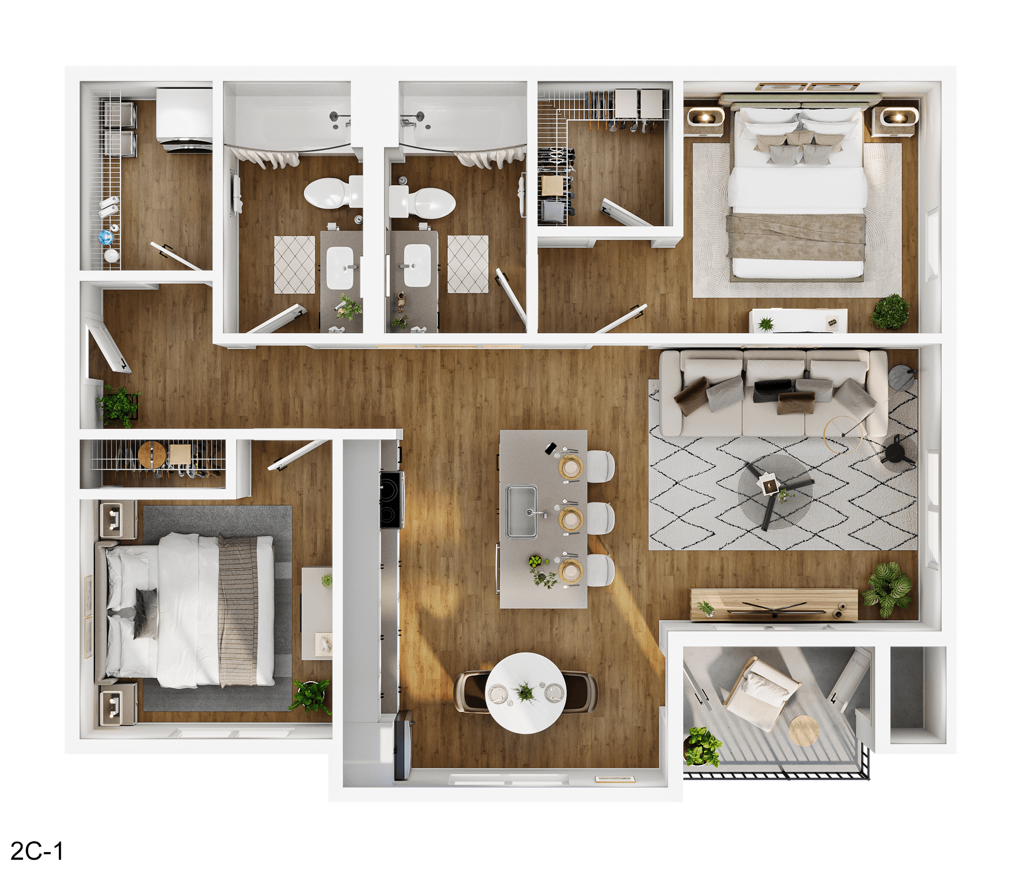 A top-down view of a small apartment layout with a kitchen, living room, and bathroom.