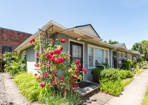 A house with a flower bed in front of it.