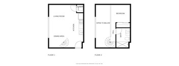 A floor plan of a two-story home with a living room, dining area, kitchen, bedroom, and bathroom.