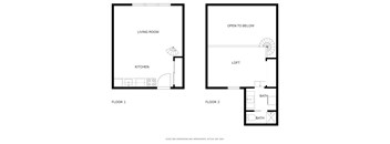 A floor plan of a two-story apartment with a living room, kitchen, and bathrooms.