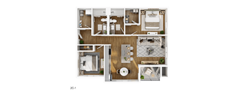 A top-down view of a small apartment layout with a kitchen, living room, and bathroom.