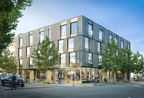 Contemporary four story building with ground floor retail at Kaya Camilla Apartments, Portland, OR 97217