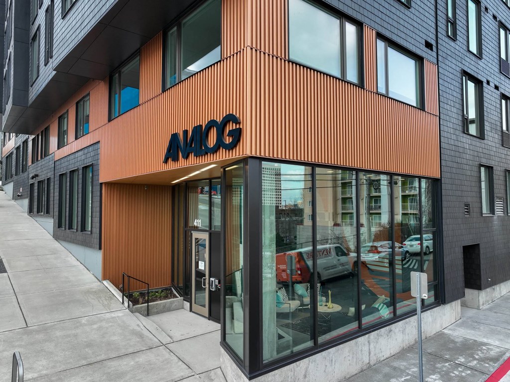 the front of an office building with a glass door at Analog Tacoma, Tacoma, Washington