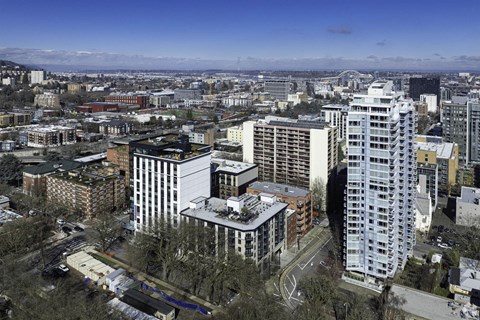 a view of the city from the roof of a building at Clay & Tiffany, Portland, OR