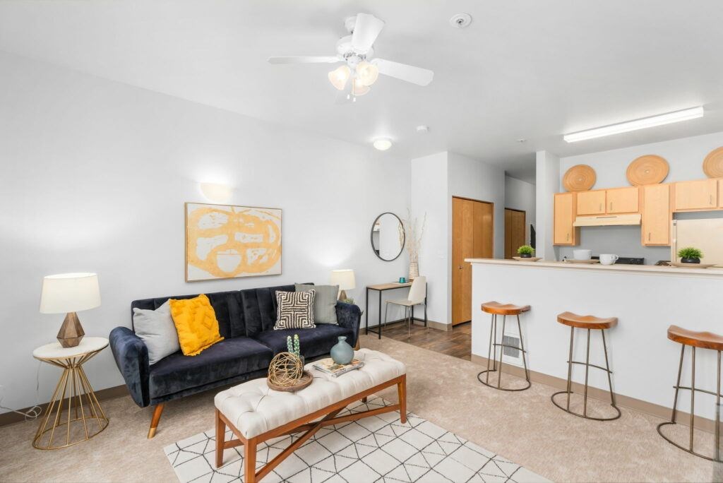 Living And Kitchen View at Fifth Avenue Place Apartments, Oregon, 97209