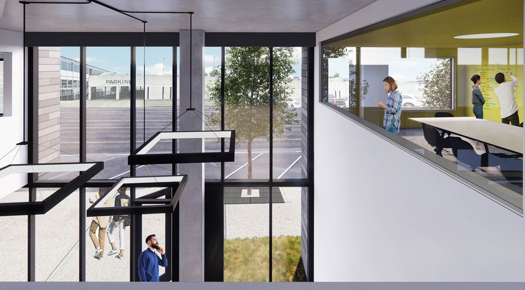 a rendering of people walking through a building with large glass windows at Moraine, Tacoma Washington