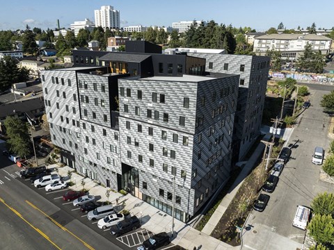 an aerial view of a large building in a city at Moraine, Tacoma, Washington 98402