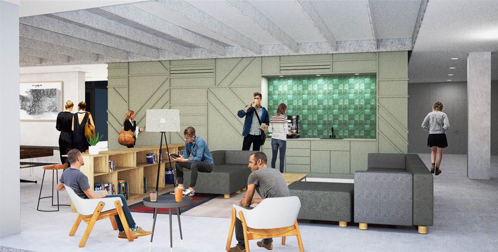 a rendering of people in a living room with a green wall at Moraine, Washington