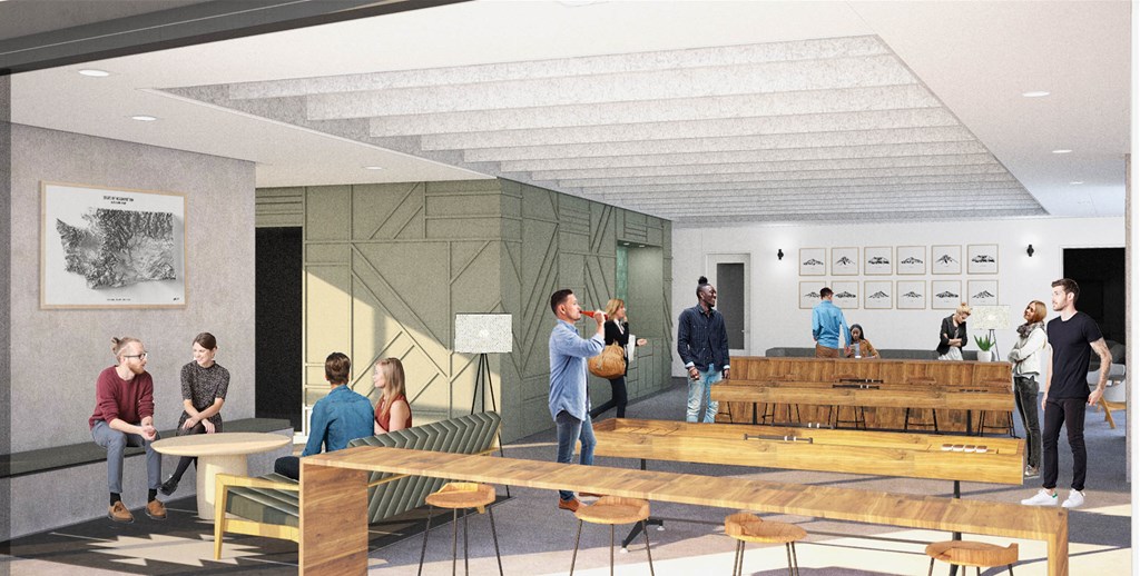a rendering of a group of people in a room with tables and benches at Moraine, Tacoma, WA 98402