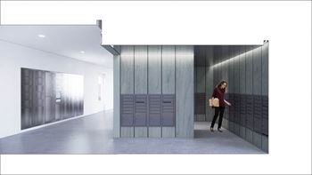 a woman is standing in a room with rows of stairs at Moraine, Washington