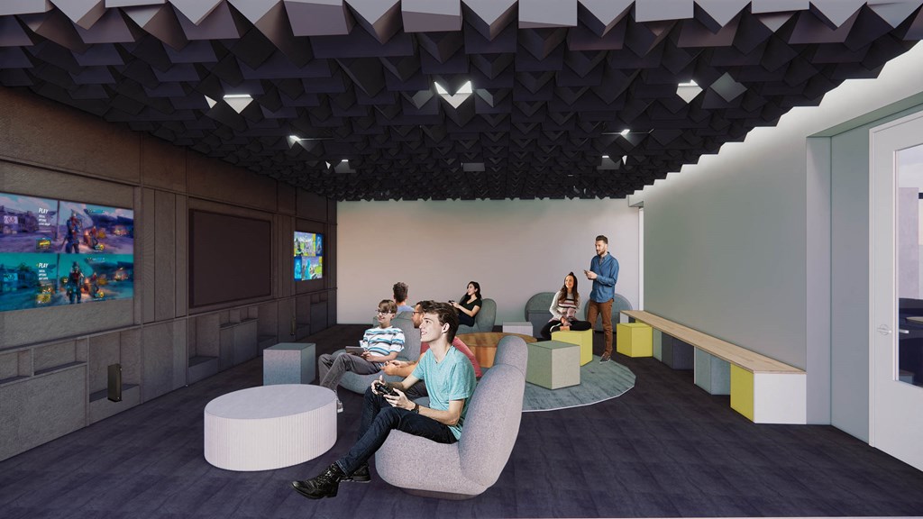 a rendering of people in a lobby with chairs and a tv at Moraine, Washington, 98402