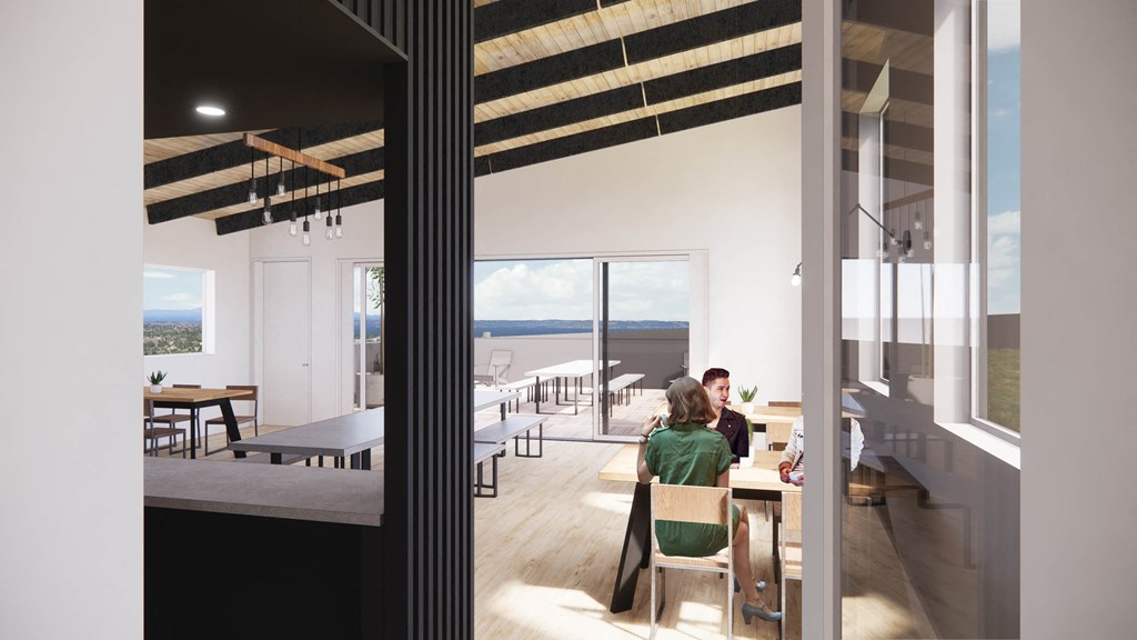 a rendering of a dining room with people sitting at a table at Moraine, Tacoma, WA