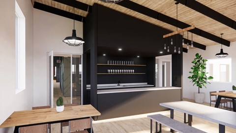 a kitchen with a wooden table and a black wall