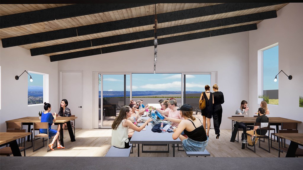 a rendering of a dining room with people sitting at a table at Moraine, Tacoma, WA