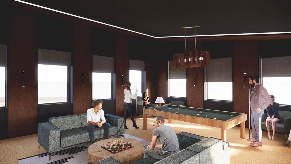 a rendering of a billiards room with people sitting around a pool table at Moraine, Washington
