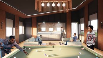 a rendering of a living room with a pool table at Moraine, Tacoma, WA
