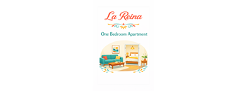 A poster for La Reina One Bedroom Apartment showing a cozy bedroom and living room. at Casa Del Rey Apartments, Portland, 97209