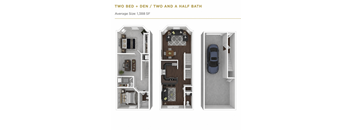 A floor plan of a two bedroom, den, and two and a half bath house.