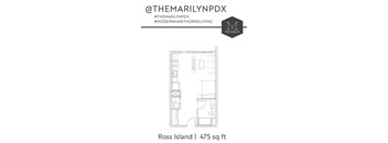A floor plan of a 475 sq ft apartment at Ross Island.