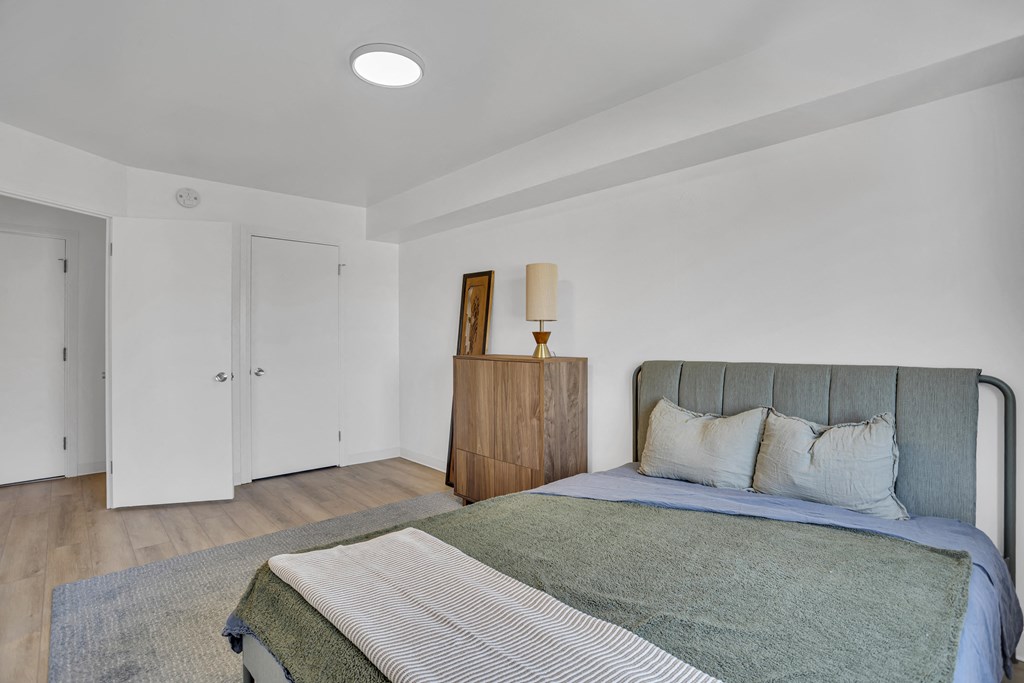 a bedroom with a bed and a closet