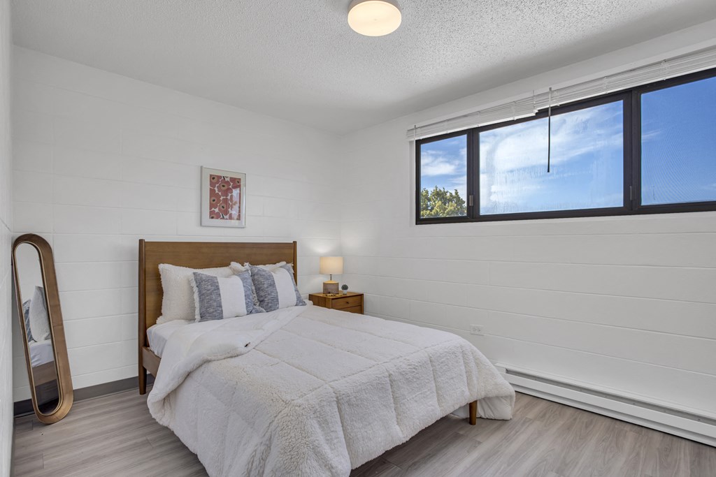 a bedroom with a bed and a window