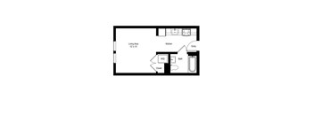 A floor plan of a small apartment with a living area, kitchen, bathroom, and closet.