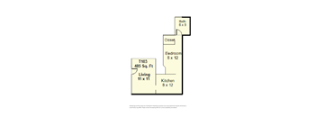 A floor plan of a living space showing a living room, kitchen, bedroom and bathroom.