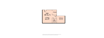 A diagram of a house layout with a living room, kitchen, bathroom and closet.